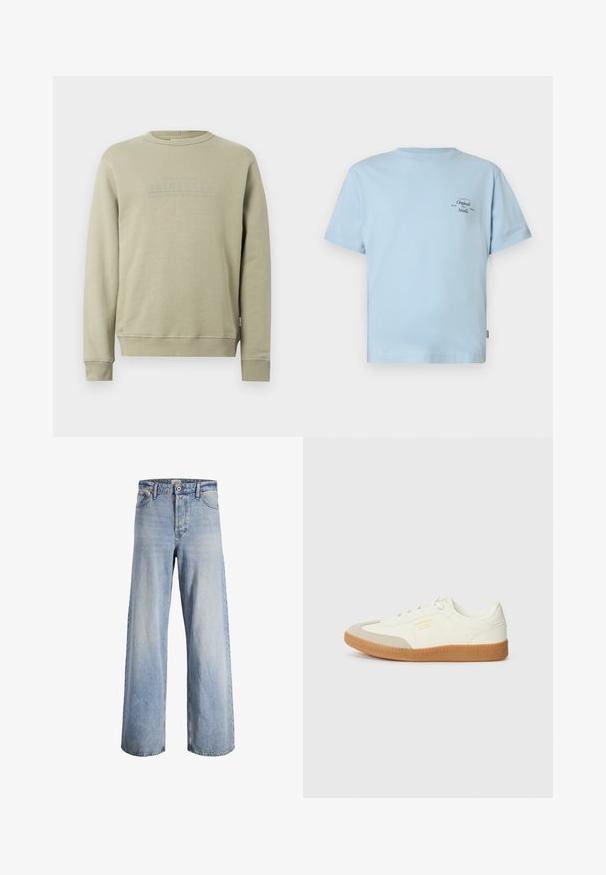 Sudadera beige de manga larga con cuello redondo, puños y dobladillo acanalados, con un sutil texto en relieve "ORIGINALS" en el pecho.; Camiseta de manga corta azul claro hecha de algodón suave. Cuenta con cuello redondo y un pequeño logo de texto negro en el lado superior izquierdo.; Jeans de tiro alto de pierna ancha en azul claro, con cierre frontal de botón y cremallera, cinco bolsillos y detalles desgastados en la tela.; Zapatilla de cuero blanca con puntera beige y suela de goma marrón claro. Presenta cordones planos blancos y una marca en relieve en el lateral.