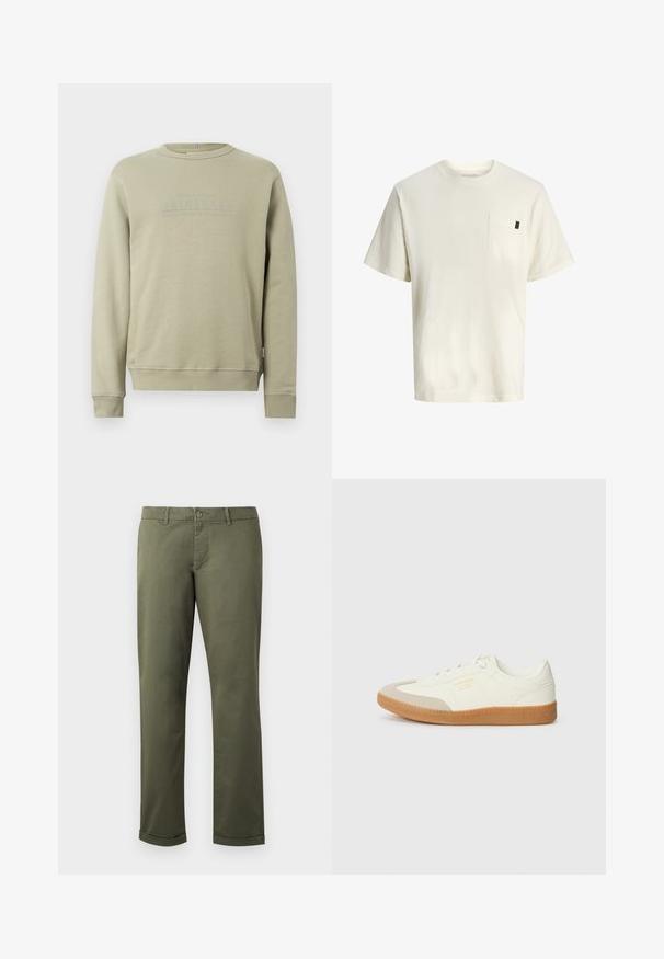 Sweat-shirt beige à manches longues et col rond, avec poignets et ourlet côtelés, présentant un texte discrètement embossé "ORIGINALS" sur la poitrine.; T-shirt en coton blanc à manches courtes, col rond, poche poitrine avant et petite étiquette sur le côté. Texture lisse et coupe décontractée.; Pantalons en coton vert olive avec une coupe droite, ourlets retroussés, poches avant et fermeture à bouton. Texture lisse avec des détails de couture subtils.; Baskets en cuir blanc avec une coque beige et une semelle en caoutchouc marron clair. Dotées de lacets blancs plats et d'un logo embossé sur le côté.