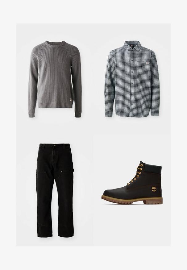 Pull en tricot côtelé gris avec des manches longues et un col rond. Présente une surface texturée et une petite étiquette de logo à l'ourlet.; Chemise à manches longues à carreaux noir et blanc, avec col et petite patch logo sur la poche poitrine gauche.; Pantalons cargo en denim noir avec une coupe décontractée, comportant deux poches avant, des poches latérales et des détails de couture visibles.; Bottine noire en cuir avec œillets dorés, accents marron et semelle en caoutchouc. Comprend un col rembourré et un logo estampé sur le côté.
