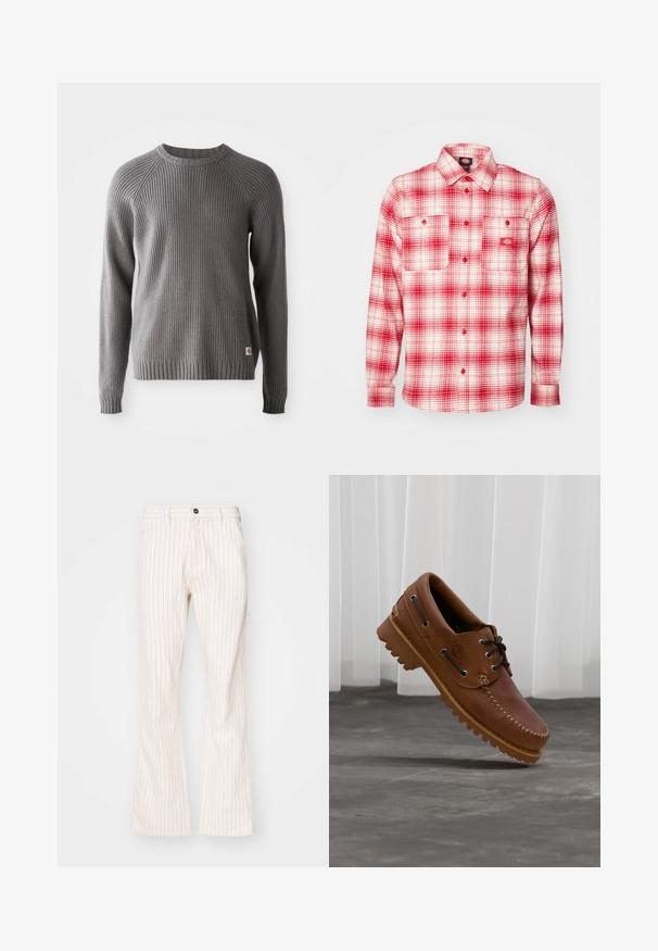 Pull en tricot côtelé gris avec des manches longues et un col rond. Présente une surface texturée et une petite étiquette de logo à l'ourlet.; Chemise en flanelle à carreaux rouges et blancs avec des manches longues, fermeture à boutons sur le devant, deux poches poitrine et une étiquette sur la gauche. Texture douce.; Pantalons évasés crème avec des rayures rouges verticales, dotés d'une fermeture à bouton, de poches latérales et d'un tissu lisse.; Chaussure de bateau en cuir marron avec des lacets noirs, des coutures beiges et une semelle robuste, suspendue au-dessus d'un sol en béton gris.