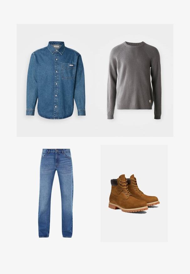 Grå ribbestrikket sweater med lange ærmer og rund halsudskæring. Har en tekstureret overflade og et lille logo mærke på kanten.; Blå denim langærmet skjorte med button-down krave, brystlomme og kontraststing. Stofstrukturen er glat med en afslappet stil.; Blå denim jeans med lige pasform, fem lommer og lynlås. Subtil falmning foran, broderede detaljer i orange.; Brune ruskinds ankelstøvler med en polstret sort krave, gyldne snørehuller og en tyk gummisål med en mønster, der giver godt greb.