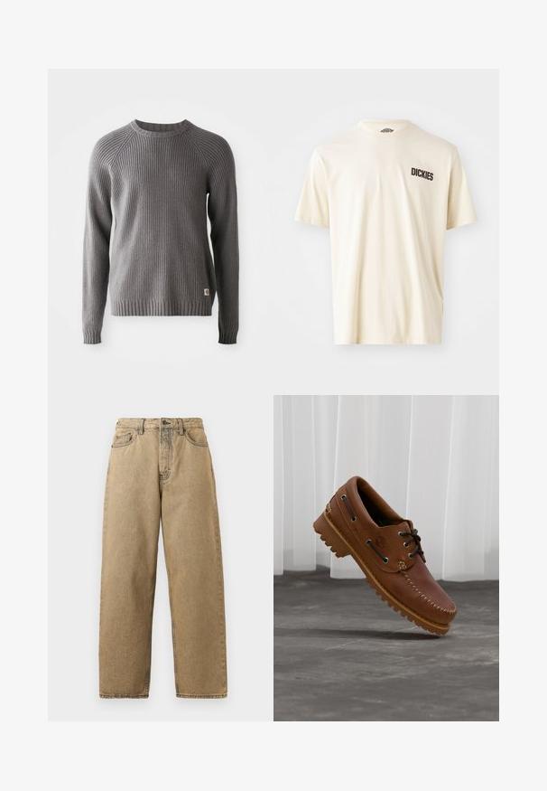 Grauer, gerippter Strickpullover mit langen Ärmeln und Rundhalsausschnitt. Mit einer strukturierten Oberfläche und einem kleinen Logopatch am Saum.; Hellbeige Baumwoll-T-Shirt mit kurzen Ärmeln und Rundhalsausschnitt. Mit einem dunkelbraunen Logo-Text "DICKIES" auf der linken Brustseite.; Beige Denim-Jeans mit geradem Bein, ausgestattet mit einem Reißverschluss, Gürtelschlaufen und kontrastierenden Nähten. Keine auffälligen Muster oder Hardware-Details.; Brauner Leder-Bootsschuh mit schwarzen Schnürsenkeln, beigen Nähten und einer robusten Sohle, schwebt über einem grauen Betonboden.