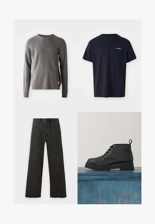 Pull en tricot côtelé gris avec des manches longues et un col rond. Présente une surface texturée et une petite étiquette de logo à l'ourlet.; T-shirt en coton noir à manches courtes, col rond, et un logo blanc subtil sur la poitrine gauche. Texture lisse, coupe standard.; Jeans en denim noirs taille haute à coupe droite avec bouton à l'avant, fermeture éclair et design à cinq poches sur fond blanc.; Bottine en cuir noir avec une finition brillante. Présente un bout arrondi, un système de laçage et une semelle épaisse à nervures pour une bonne traction.