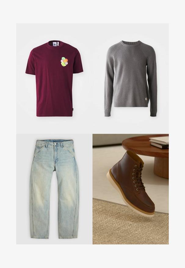 Grå ribbestrikket sweater med lange ærmer og rund halsudskæring. Har en tekstureret overflade og et lille logo mærke på kanten.; Mørkerød bomulds t-shirt med korte ærmer og rund hals. Indeholder en broderet grafik på venstre bryst, inklusive farverige cirkulære design.; Lys blå jeans med vide ben lavet af denim. Har fem lommer, en knaplukning og falmede områder for et brugt udseende.; Brune læderankelstøvle med beige sål på et struktureret beige tæppe ved siden af et rundt træbord med stakke af bøger.