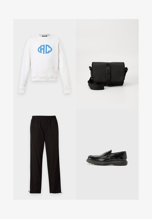 Witte katoenen sweatshirt met een blauw textuur geborduurd logo "<RC>" op de voorkant, met lange mouwen en een ronde halslijn.; Zwarte lichtgewicht broeken met een elastische tailleband, treksluiting en met rits afsluitbare zoom voor een aanpasbare pasvorm. Glad, strak textuur.; Zwarte leren instapper met een glanzende afwerking, een ronde neus, subtiele stiksels en een dikke rubberen zool voor duurzaamheid.; Zwarte nylon schoudertas met klep, voorzien van een opvallende logo riemsluiting, een verstelbare schouderriem en zijnaaddetails.