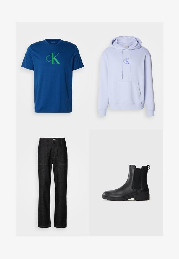 Hellblauer Baumwoll-Hoodie mit einer vorderen Tasche, Kapuze mit Kordelzug und einem bedruckten Logo auf der Brust. Weiche Textur und lässige Passform.; Blaues Baumwoll-T-Shirt mit grünem "cK"-Logo. Rundhalsausschnitt, kurze Ärmel, normale Passform mit glatter Textur und ohne sichtbare Muster.; Schwarze Jeans mit geradem Bein, sichtbaren Nähten und einem Frontknopfverschluss. Enthält zwei Seitentaschen und zwei Gesäßtaschen.; Schwarze Leder-Stiefelette mit elastischen Seiteneinsätzen, Zugschlaufe an der Ferse und niedrigem Blockabsatz vor einem schlichten Hintergrund.