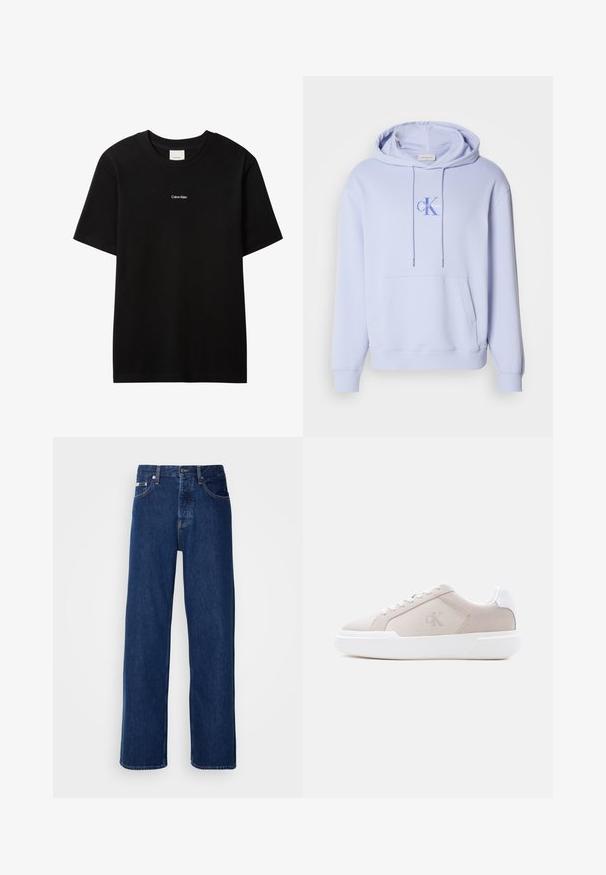 Lichtblauwe katoenen hoodie met een voorzak, kap met trekkoorden en een bedrukt logo op de borst. Zachte textuur en een ontspannen pasvorm.; Zwart katoenen T-shirt met een ronde hals en korte mouwen. Voorzien van een klein wit "Calvin Klein" logo op de voorkant. Glad oppervlak, klassieke pasvorm.; Donkerblauwe denim jeans met een wijdbeen ontwerp, voorzien van een knoopsluiting en klassieke vijf-pocket styling. De stof heeft een gladde textuur.; Beige lage sneaker met dikke witte zool, veters en hielstuk, met subtiel "cK"-logo op het zijpaneel.