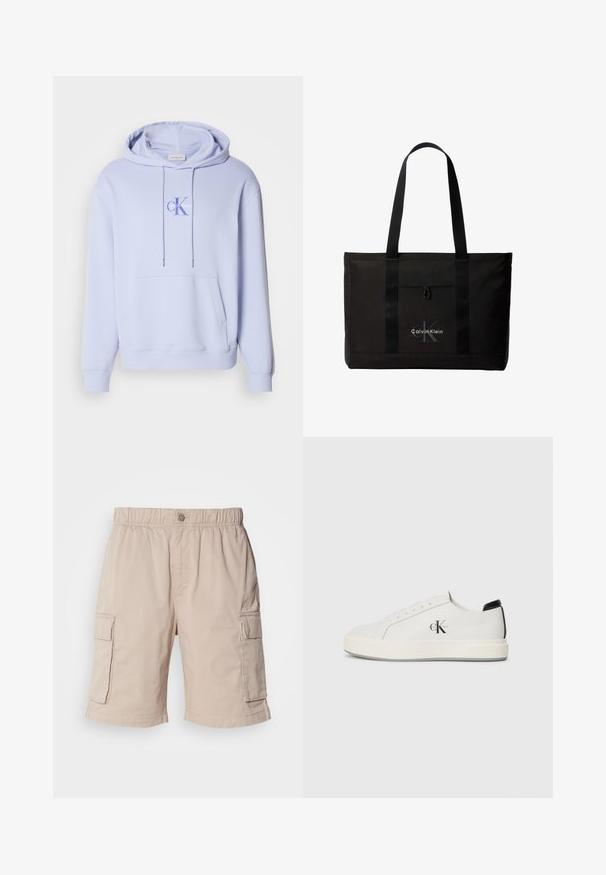 Lyseblå bomulds-hættetrøje med en lomme foran, snoretræk i hætten og et trykt logo på brystet. Blød tekstur og afslappet pasform.; Beige cargo shorts med elastisk talje, knaplukning, to sidelommer og ekstra lommer på lårene. Letvægtsstof.; Hvide lædersneakers med rund tå, flad gummisål og sort hælaccent. Har et fremtrædende sort Calvin Klein-logo på siden.; Sort Calvin Klein tote taske med to lange håndtag og lomme foran, med mærkets logo i hvid og grå.
