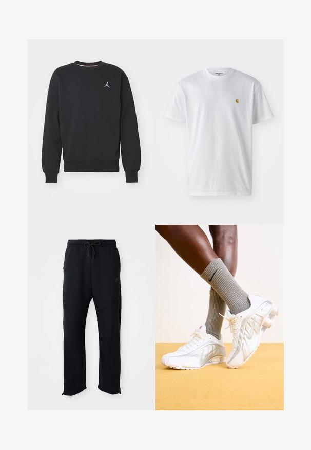 Sudadera negra de mezcla de algodón, con cuello redondo, puños acanalados y el logo de Jordan bordado en el pecho.; Camiseta de algodón blanca con mangas cortas, cuello redondo, que presenta un pequeño logo dorado en la parte izquierda del pecho. Textura suave y corte regular.; Pantalones deportivos negros con cinturilla elástica y cordón, con bolsillos laterales, piernas ajustadas y cremalleras en los tobillos. Textura suave.; Zapatillas Nike en blanco con detalles plateados, con paneles texturizados y perforaciones. Combinadas con calcetines grises acanalados, sobre un fondo amarillo.