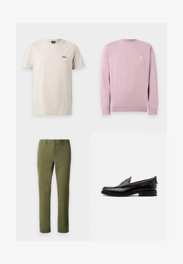 Sweatshirt rose clair en tissu doux, avec un col rond, des manches longues et un petit patch logo carré sur le devant.; T-shirt en coton beige clair avec col rond, manches courtes et un petit logo noir "BOSS" sur la poitrine gauche. Texture lisse.; Pantalons verts olive en tissu lisse avec une coupe droite, dotés d'une fermeture à bouton et de passants de ceinture. Pas de motifs ni d'accents visibles.; Mocassin homme en cuir noir avec couture moc toe, bride penny, col texturé et petit talon empilé sur fond blanc.