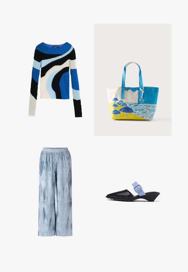 Pull en maille torsadée à manches longues avec des rayures courbes abstraites en bleu, noir, bleu clair et crème.; Pantalon large bleu clair avec un design texturé et plissé présentant différentes nuances de bleu et une taille élastique pour un ajustement confortable.; Mule noire à bout pointu avec un talon triangulaire épais et une large bride bleue claire ajustable traversant le cou-de-pied.; Sac cabas avec anses bleues, représentant des champignons bleus abstraits sur fond jaune et eau bleue, avec un charm logo MK argenté.