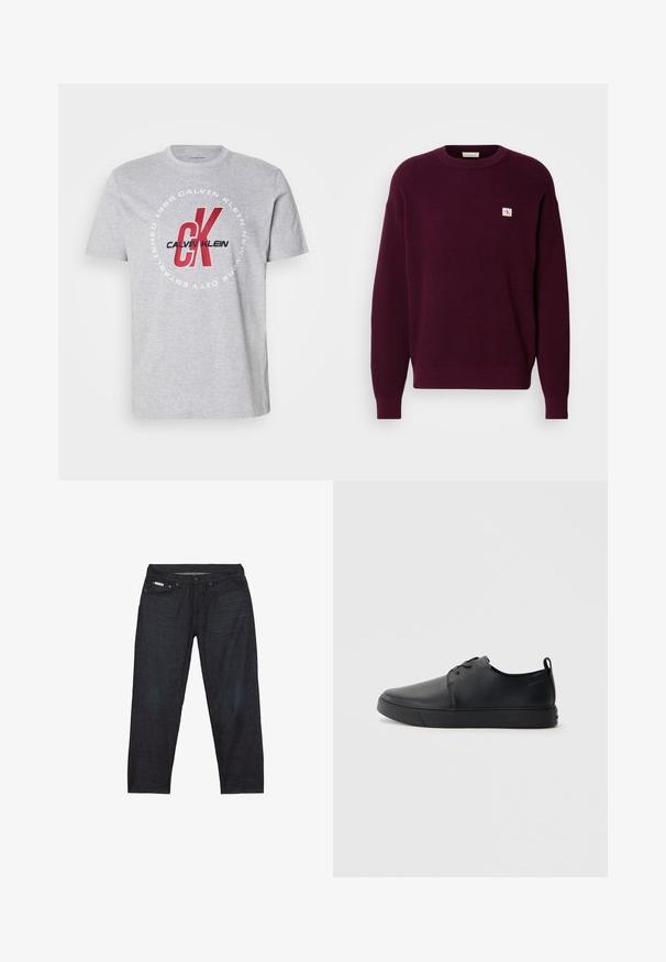 Burgunderfarbener Strickpullover mit einem gerippten Muster, Rundhalsausschnitt und einem kleinen Logo-Patch auf der Brust. Lange Ärmel mit gerippten Bündchen.; Graues Baumwoll-T-Shirt mit Rundhalsausschnitt, kurzen Ärmeln und einem zentralen Grafikdesign mit "Calvin Klein" und "CK" in Rot und Schwarz.; Dunkelblaue Jeans aus Denim mit geradem Bein, ausgestattet mit fünf Taschen und minimalen Nahtdetails für ein sauberes Aussehen.; Schwarze Leder-Sneaker mit glatter Oberfläche, abgerundeter Zehenpartie, gleichfarbiger Nähte, schnürbarem Vorderteil und flacher Gummisohle. Schlaufe an der Ferse.