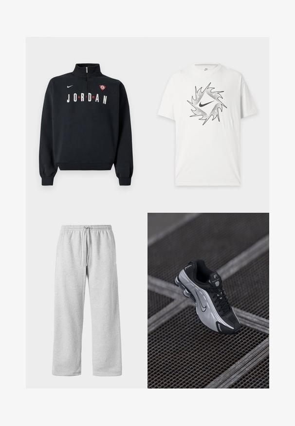 Sort sweatshirt med høj krave, front lynlås, hvid "JORDAN" tekst og en logo-patch på brystet. Blødt stof og ribstrikkede manchetter.; Hvid kortærmet Nike T-shirt med sort abstrakt cirkulært design og centralt Nike swoosh-logo foran.; Lys grå sweatpants med snøre i taljen, lavet af blød bomuldsblanding, med brede ben og en glat tekstur. Ingen synlige lommer.; Nike atletiksko med et sort og sølv design. Lavet af syntetisk materiale med mesh-detaljer og en støttende sål med synlig luftstødabsorbering.