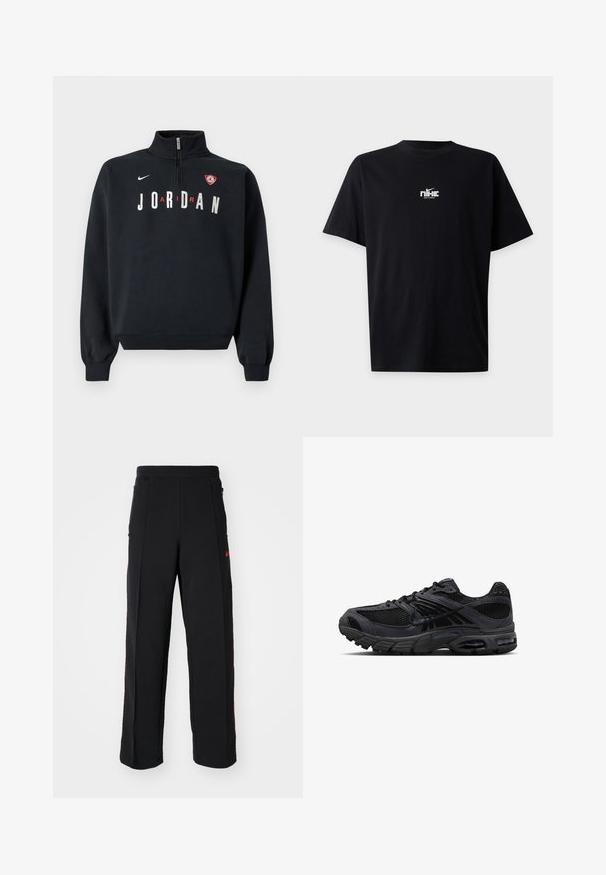 Sort sweatshirt med høj krave, front lynlås, hvid "JORDAN" tekst og en logo-patch på brystet. Blødt stof og ribstrikkede manchetter.; Sort Nike t-shirt med korte ærmer med lille hvid pixel-logo og swoosh centralt på brystet.; Svarte sweatpants med løs pasform, der har røde detaljer og lommer på siderne. Materialet ser blødt ud med en glat tekstur.; Sort og mørkegrå Nike løbesko med mesh-stof, ruskindsoverlejring, polstret sål og synlige luftenheder i hæl og forfod.