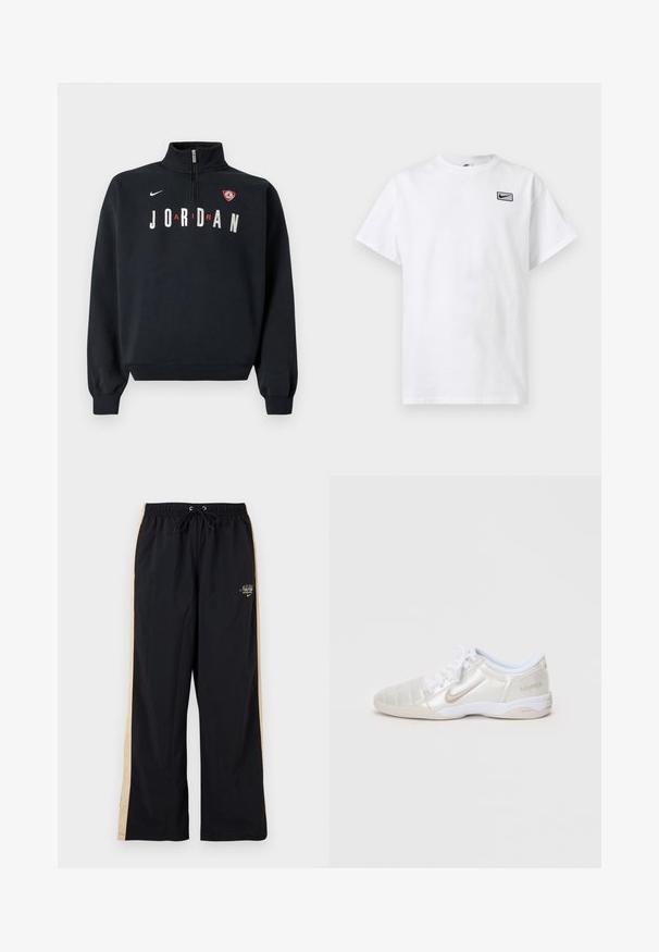 Sudadera negra con cuello alto, cremallera frontal, texto blanco "JORDAN" y un parche con logo en el pecho. Tejido suave y puños acanalados.; Camiseta blanca de manga corta con cuello redondo y pequeño logo negro de Nike swoosh dentro de un rectángulo en el lado izquierdo del pecho.; Pantalones de chándal negros de Nike con rayas laterales beige, cintura elástica, cordón y pequeño logo blanco en la parte superior de la pierna izquierda.; Zapatillas deportivas plateadas claras con un upper liso y brillante, paneles cosidos, cordones blancos y acentos beige en el talón y el logo.