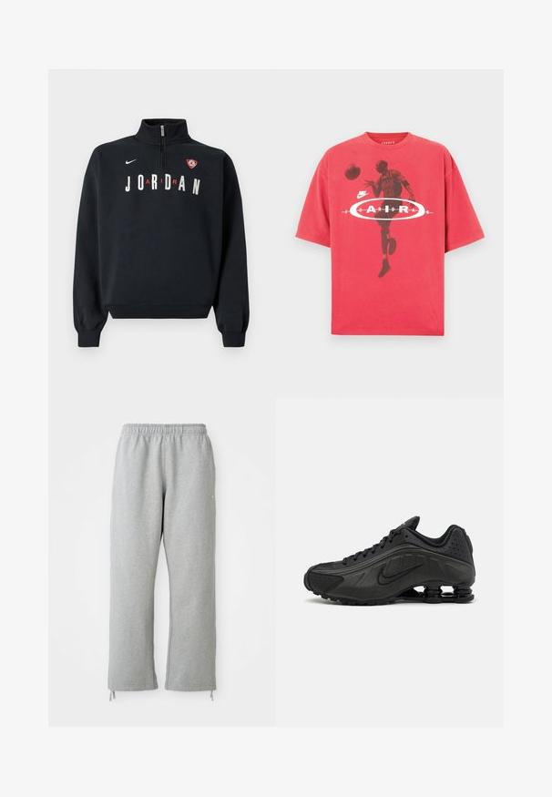 Sort sweatshirt med høj krave, front lynlås, hvid "JORDAN" tekst og en logo-patch på brystet. Blødt stof og ribstrikkede manchetter.; Rød bomulds-t-shirt med rund hals, løs pasform og et grafisk tryk af en basketballspiller med teksten "Jordan" og Nike-logo.; Grå sweatpants med elastisk talje, lige ben og snoretræk ved kanten. Fremstillet af blødt, struktureret stof.; Sorte løbesko med en glat syntetisk overdel, perforerede detaljer, teksturerede sidedele og en distinkt fjedrende sål.