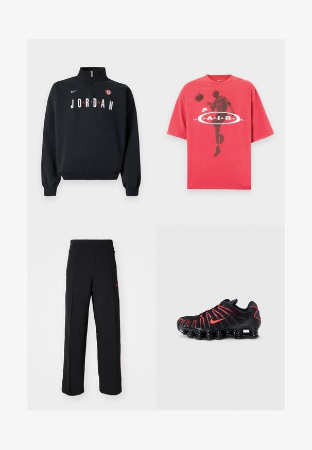 Sort sweatshirt med høj krave, front lynlås, hvid "JORDAN" tekst og en logo-patch på brystet. Blødt stof og ribstrikkede manchetter.; Rød bomulds-t-shirt med rund hals, løs pasform og et grafisk tryk af en basketballspiller med teksten "Jordan" og Nike-logo.; Svarte sweatpants med løs pasform, der har røde detaljer og lommer på siderne. Materialet ser blødt ud med en glat tekstur.; Sorte atletiksko med røde detaljer, der har en struktureret mesh-overdel, et unikt bølget design og en formstøbt polstret sål.