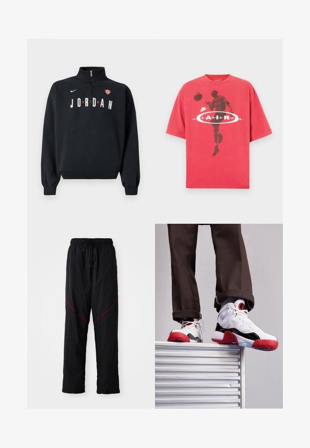 Sudadera negra con cuello alto, cremallera frontal, texto blanco "JORDAN" y un parche con logo en el pecho. Tejido suave y puños acanalados.; Camiseta de algodón roja con cuello redondo, ajuste holgado y un estampado gráfico de un jugador de baloncesto con el texto "Jordan" y el logo de Nike.; Pantalones deportivos negros con un acabado texturizado, con cintura ajustable con cordón, líneas de acento rojas y un corte holgado.; Zapatillas deportivas blancas y negras con acentos rojos. Presentan materiales de malla y cuero, punta redondeada y suela de goma texturizada.