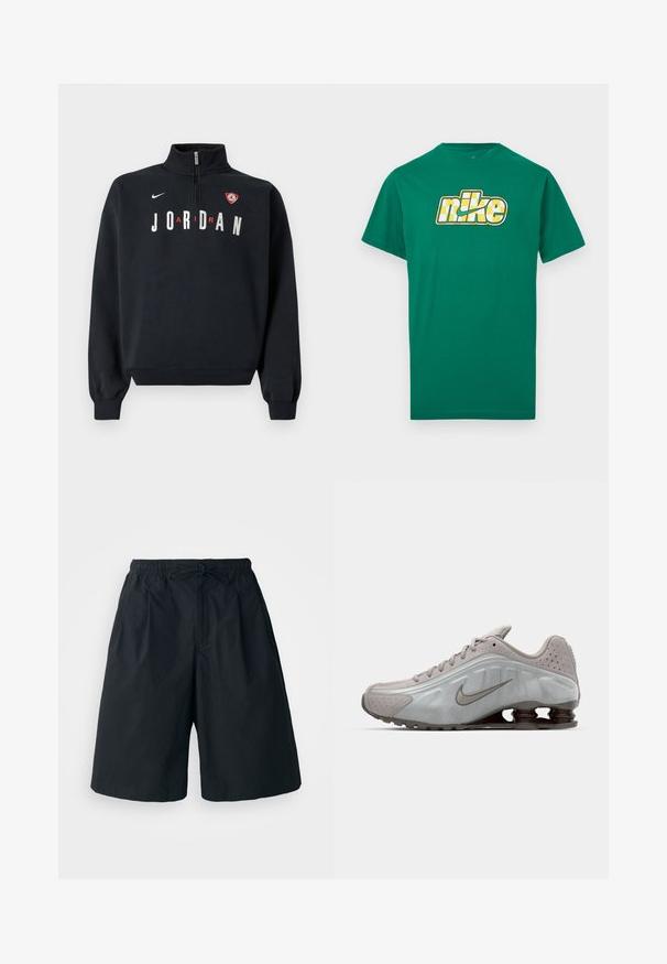 Sort sweatshirt med høj krave, front lynlås, hvid "JORDAN" tekst og en logo-patch på brystet. Blødt stof og ribstrikkede manchetter.; Grøn T-shirt med korte ærmer, med et gult og hvidternet Nike-logo i midten af brystet mod en hvid baggrund.; Sorte shorts med elastisk talje og justerbar snor. Lavet af et glat stof, med en løs pasform og uden synlige mønstre.; Nike løbesko i lysegrå med en glat tekstur, buet design og synlige støddæmpningsfjeder i mørkebrun ved hælen.