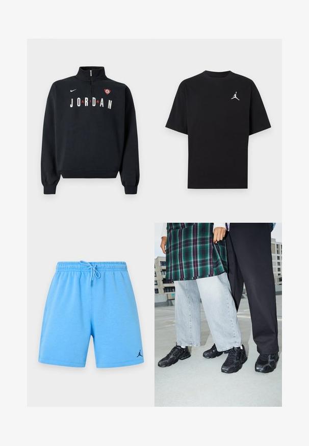 Sweat-shirt noir avec un col montant, une fermeture éclair frontale, le texte blanc "JORDAN" et un patch logo sur la poitrine. Tissu doux et poignets côtelés.; T-shirt en coton noir à manches courtes, avec un logo Jumpman blanc sur la poitrine gauche. Col rond, coupe régulière et texture lisse.; Shorts de sport bleu clair avec taille élastique, cordon ajustable et petit logo Jumpman noir sur la partie inférieure de la jambe gauche.; Baskets de sport noires avec des accents en mesh et en caoutchouc. Portées avec un jean large gris clair et un haut à carreaux vert. Fond à surface plane.