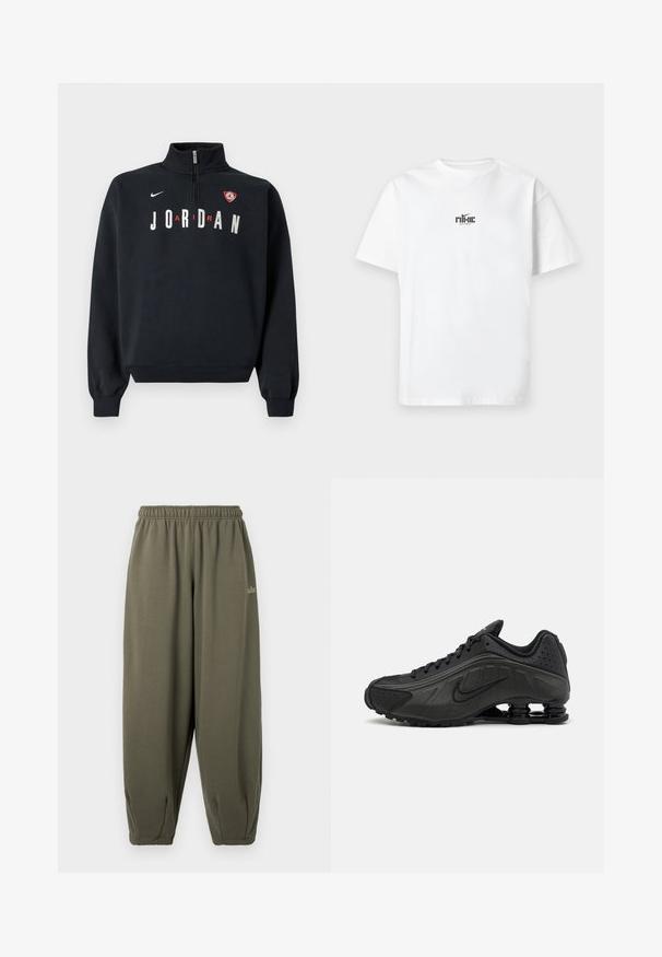 Sort sweatshirt med høj krave, front lynlås, hvid "JORDAN" tekst og en logo-patch på brystet. Blødt stof og ribstrikkede manchetter.; Hvid T-shirt med korte ærmer med lille sort Nike-logo og tekst centreret på brystet mod en ensartet hvid baggrund.; Grågrønne sweatpants med elastisk talje og manchetter. Har minimal branding i matchende tråd på siden. Blød tekstur.; Sorte løbesko med en glat syntetisk overdel, perforerede detaljer, teksturerede sidedele og en distinkt fjedrende sål.
