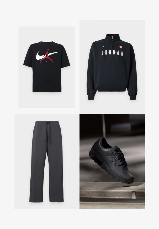 Sweat-shirt noir avec un col montant, une fermeture éclair frontale, le texte blanc "JORDAN" et un patch logo sur la poitrine. Tissu doux et poignets côtelés.; T-shirt en coton noir à col rond, avec un grand logo Nike swoosh blanc et un logo Jumpman rouge accompagné du texte "AIR" en blanc.; Pantalon de survêtement gris avec taille à cordon, en tissu doux. Design à jambes larges avec coutures latérales, accents minimaux, et aucun motif visible.; Baskets noirs Nike Air Max avec un dessus en cuir texturé, semelle en caoutchouc et un système de laçage proéminent, mettant en avant un design moderne et épuré.
