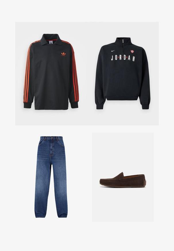 Sort sweatshirt med høj krave, front lynlås, hvid "JORDAN" tekst og en logo-patch på brystet. Blødt stof og ribstrikkede manchetter.; Sort langærmet polo med krave, prydet med røde striber på ærmerne og et lille rødt logo på brystet. Glat stofstruktur.; Mørkeblå denimjeans. Høj talje med afslappet pasform. Har forlommer og en subtil falmningseffekt på benene.; Mørkebrune mokkasiner i ruskind med lav hæl, syningsdetaljer og gummisål mod en ensfarvet hvid baggrund.