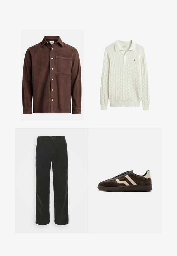Pull polo blanc à manches longues en maille torsadée avec poignets et col côtelés, et petit logo brodé sur la poitrine gauche.; Chemise en velours côtelé marron avec un col boutonné, poche avant, boutons blancs et manches longues avec des poignets boutonnés. Détail de tissu texturé.; Lindbergh WIDE FIT PANTS - Pantalon classique - army; Baskets en daim et velours côtelé marron foncé avec des bandes latérales beige, lacets à l'avant et semelle en caoutchouc texturée, vues de côté sur fond blanc.