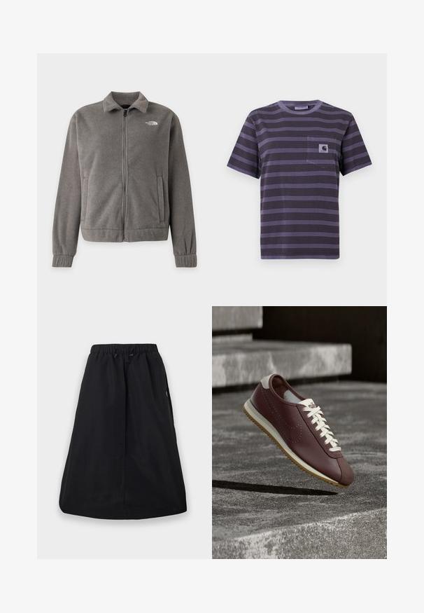 Veste polaire grise à fermeture éclair intégrale, col, poignets élastiques, poches latérales et logo The North Face sur la poitrine gauche.; T-shirt violet à rayures avec une poche sur la poitrine gauche, présentant des rayures noires horizontales. Tissu doux, manches courtes, col rond.; Jupe trapèze noire avec ceinture élastique et cordon de serrage ajustable, longueur genou, design uni avec poches latérales.; Baskets Nike bordeaux avec lacets blancs et semelle beige suspendues au-dessus de marches en béton gris en plein air.