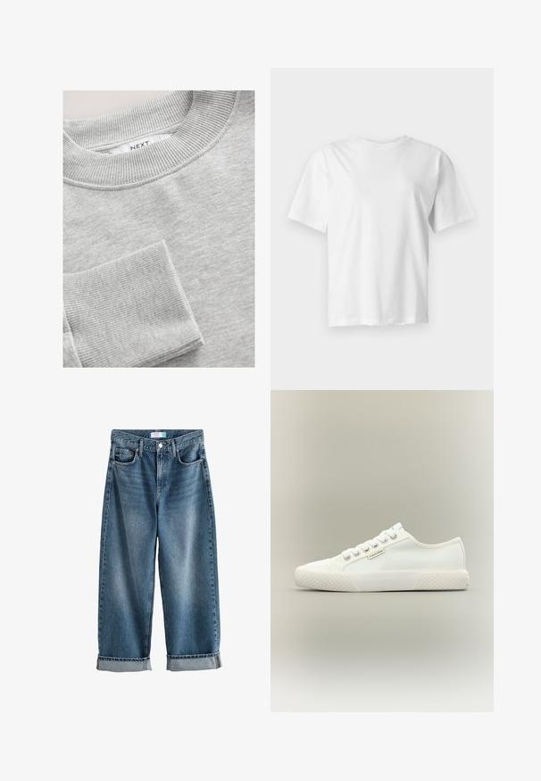 Grå sweatshirt med ribbet krave og manchet. Blød stofstruktur, rund halsudskæring og lille lomme på forsiden. Mærkeetiket synlig.; Hvid kortærmet rundhalset t-shirt vist fladt på en lys grå baggrund.; Blå denim boyfriend jeans med opbuk, forreste knap- og lynlåslukning samt synlige forlommer.; Hvid lavtopet lærreds-sneaker med tekstureret gummisål, hvide snørebånd og lille Calvin Klein-mærke på siden.