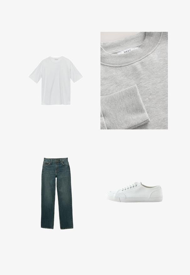Grijze trui met geribbelde kraag en manchetten. Zachte stoftextuur, ronde halslijn en klein zakdetail aan de voorkant. Merkentag zichtbaar.; Witte t-shirt met korte mouwen, gemaakt van zachte stof. Ronde halslijn, relaxte pasvorm en geen zichtbare patronen of accenten. Eenvoudig, veelzijdig ontwerp.; Bordeaux denim jeans met een rechte pasvorm, vijf zakken en gouden stikdetails. De stof heeft een subtiele vervaagde textuur.; Witte lage canvas sneaker met vetersluiting aan de voorkant, rubberen zool en een getextureerde neuskap, weergegeven vanaf de buitenkant op een witte achtergrond.