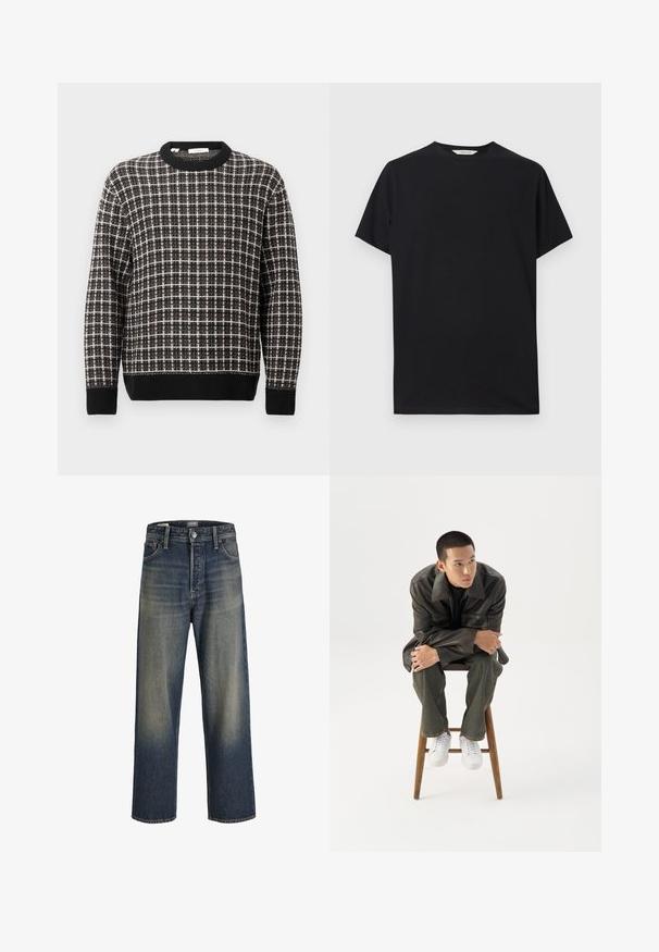 Sort/hvid ternet crewneck sweater med ribbede manchetter og kant, præsenteret på en ensfarvet lys baggrund.; Sort kortærmet t-shirt lavet af blødt bomuldsstof. Rund halsudskæring med en afslappet pasform, der har rene, enkle linjer og ingen synlige mønstre.; Bredde ben jeans i mørkeblå denim med en gradient finish, der har en knaplukning, fem lomme-design og strukturerede syninger.; Ung mand i mørk læderjakke og jeans sidder på en træskammel, læner sig fremad med armene krydset og kigger til siden mod hvid baggrund.