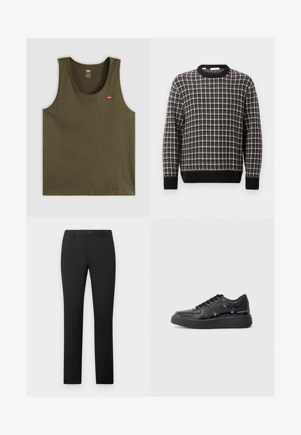 Schwarz-weißer karierter Rundhals-Pullover mit gerippten Bündchen und Saum, präsentiert vor einem schlichten hellen Hintergrund.; Olivgrünes Tanktop aus weichem Stoff, mit rundem Halsausschnitt und einem kleinen roten Logo auf der oberen linken Seite. Einfaches Design, ohne Muster oder Akzente.; Schwarze, maßgeschneiderte Hose mit geradem Bein, ausgestattet mit Knopfverschluss und Gürtelschlaufen. Hergestellt aus glattem Stoff ohne sichtbare Muster.; Schwarze LederSneaker mit glatter Oberfläche, runder Zehenform und kontrastierender schwarzer Gummisohle. Mit flachen Schnürsenkeln und Branding an der Seite.