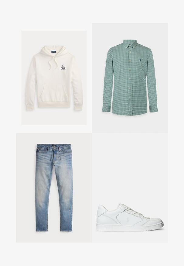 Witte Polo Ralph Lauren hoodie met een buidelzak aan de voorkant, een capuchon met trekkoord en een marineblauwe logotekst met ruiter- en paardenembleem op de borst.; Groen-wit geruit overhemd met lange mouwen, knoopsluiting, button-down kraag en klein geborduurd logo op de linkerborst.; Lichtblauwe denim jeans met een vervaagde afwerking, vijfzakkenontwerp en contrasterende stiksels. Heeft een ritssluiting en riemlussen. Rechte snit.; Witte leren sneaker met een gladde textuur, voorzien van een geperforeerde neus, vetersluiting en geborduurde logo aan de zijkant. Witte rubberen zool.