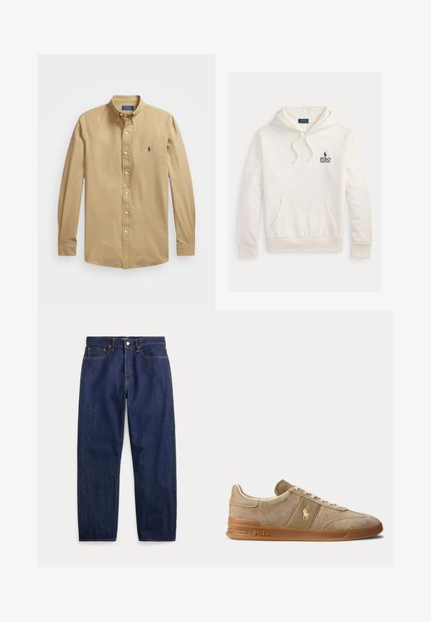 Valge Polo Ralph Laureni dressipluus esiküljel kängurutasku, kapuuts kinnitusnööriga ning rinnal tehisväel ja ratsanikuga tumesinise logo tekst.; Hele beež pika varrukatega nööpidega särk, mis on valmistatud siledast puuvillast. Omab teravat kraed ja rinnal on väike sinine tikandiga hobuse logo.; Tumesinised sirgete säärega teksapüksid, viis taskut, nööpkinnitus ja nähtavad õmblused.; Beež color veluurist ja nahast madala säärega toss kummikõrrega, valgete paelte ja Polo logoga küljel ning tallal.