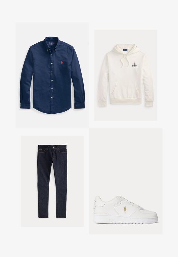 Λευκό φούτερ με κουκούλα Polo Ralph Lauren με εμπρός τσέπη καγκουρό, κορδόνι στην κουκούλα και ναυτικό μπλε λογότυπο με έμβλημα αλόγου και αναβάτη στο στήθος.; Πουκάμισο σε σκούρο μπλε χρώμα, κουμπωτό, κατασκευασμένο από βαμβάκι, με μυτερό γιακά, μακριά μανίκια και μικρό κόκκινο κεντημένο λογότυπο στο στήθος.; Σκούρο μπλε τζιν παντελόνι με στενή γραμμή, διαθέτοντας πέντε τσέπες, κίτρινα ραφές και κουμπί κλεισίματος στη μέση. Λείος υφασμάτινος χαρακτήρας.; Λευκό δερμάτινο χαμηλό sneaker με λευκά κορδόνια και χρυσό λογότυπο Polo Ralph Lauren στο πλάι και "Polo" χαραγμένο στη σόλα.