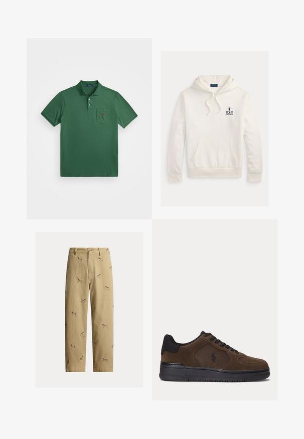 Valge Polo Ralph Laureni dressipluus esiküljel kängurutasku, kapuuts kinnitusnööriga ning rinnal tehisväel ja ratsanikuga tumesinise logo tekst.; Roheline polo särk, mis on valmistatud puuvilla segust, millel on krae, kolme nupuga avamine ja rinnatasku, millel on väike punane logo.; Beežid sametpüksid, millel on tikitud koera mustrid, sirge säärega lõige ja viis taskut, ees käeluku trukk.; Tumepruun madala säärega toss musta tallaga, mustade paeltega ja võrgust küljepaneeliga, millel on väike must logo.