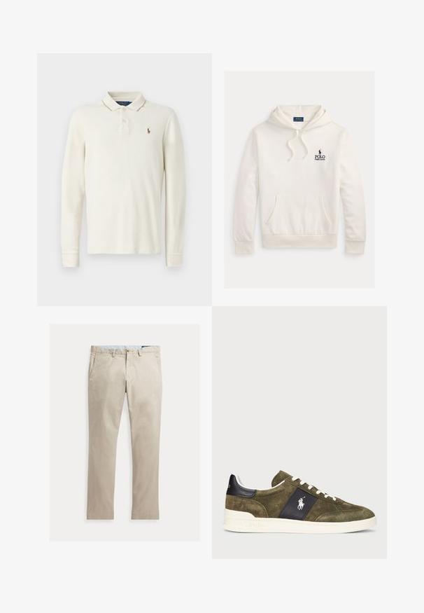 Valge Polo Ralph Laureni dressipluus esiküljel kängurutasku, kapuuts kinnitusnööriga ning rinnal tehisväel ja ratsanikuga tumesinise logo tekst.; Pikkade varrukatega polo särk hebevalgest puuvillast, millel on sooniku kaelus, kolm nuppu ja väike brodeeritud logo rinnal.; Beežid sirgete säärega puuvillased püksid ees taskute, vööaasade, nööbi- ja tõmblukuga, laotatud valgel taustal.; Olive rohe nahast tossud tumesinise aktsentpaneeliga, valged kingapaelad ja logo. Omab tekstureeritud pinda ja valget kummist tallat.