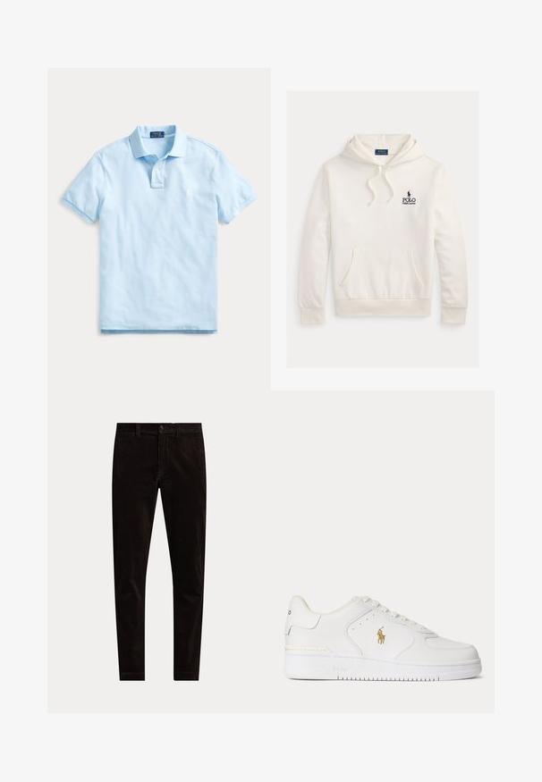 Biela mikina Polo Ralph Lauren s kapucňou so šnúrkami, predným klokanie vreckom a námorníckym modrým logom s erbom jazdca na koni na hrudi.; Svetlomodré polokošeľa s krátkym rukávom, golierom, zapínaním na dva gombíky a jemným vyšitým logom na ľavej strane hrudníka.; Čierne slim fit manšestrové nohavice so zapínaním na gombík a zips, s pútkami na opasok a jednoduchým predným dizajnom na bielom pozadí.; Biele kožené nízke tenisky s bielymi šnúrkami a zlatým logom Polo Ralph Lauren na boku a "Polo" vyrazeným na podrážke.