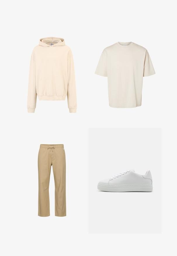 Sudadera color crema con textura acanalada, bolsillo tipo canguro, capucha con cordón y puños elásticos, que presenta un corte relajado.; Camiseta de algodón beige lisa, de manga corta, oversize y con cuello redondo, mostrada extendida sobre un fondo blanco.; Pantalones de algodón beige de corte relajado con cintura elástica y cordón. Presentan bolsillos laterales y corte recto en las piernas. Sin patrones visibles.; Zapatilla de cuero blanca con suela de plataforma gruesa, punta redonda y seis ojetes. Textura suave con detalles de costura sutiles.