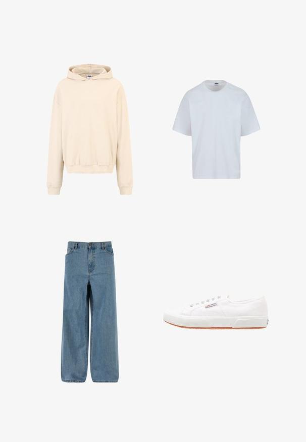 Sudadera color crema con textura acanalada, bolsillo tipo canguro, capucha con cordón y puños elásticos, que presenta un corte relajado.; Camiseta de algodón blanca con cuello redondo, mangas cortas y corte recto. Presenta sutiles detalles de costura en los hombros.; Pantalones de mezclilla de pierna ancha en azul claro. Presentan un cierre de botón y cremallera, cinco bolsillos y una textura deslavada para un aspecto clásico.; Zapatillas de lona blancas con suela de goma, diseño de cordones y una pequeña etiqueta con el logo en el lateral. Parte superior texturizada blanca y suela marrón.