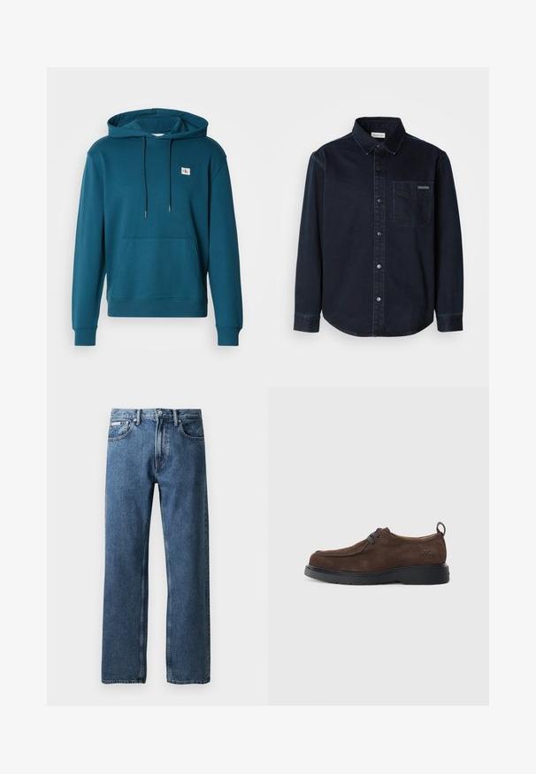 Teal huppari, joka on valmistettu pehmeästä materiaalista. Siinä on edessä tasku ja pieni logo-ommel rinnassa. Hupussa on narut.; Tummansininen nappikauluspaita, joka on valmistettu denim-kankaasta. Ominaisuuksiin kuuluu klassinen kaulus, etutasku ja erottuvat ompelureunat.; Siniset suorat farkut korkealla vyötäröllä, nappi- ja vetoketjukiinnitys, etutaskut sekä pieni valkoinen brändilogo oikeassa taskussa.; Ruskean mokkasiinikenkä, jossa on pyöreä kärki, harmaat nauhat ja musta kumipohja. Kengän kantapäässä on pieni logo prässätty.