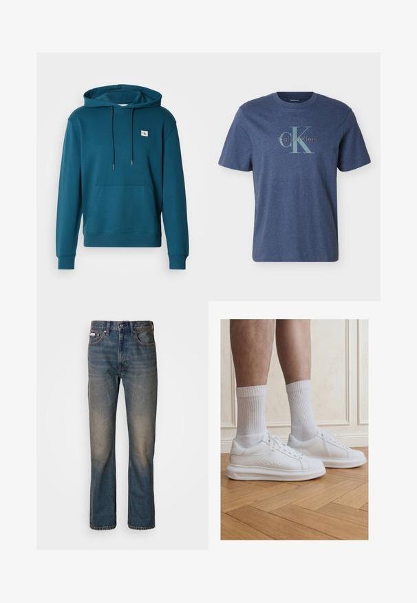 Teal hættebluse lavet af blødt materiale, med en lomme foran og et lille logo-patch på brystet. Snore tilhæftet hætten.; Herre T-shirt i marineblå med korte ærmer og stort lyseblåt "CK" og "Calvin Klein" logo trykt på tværs af brystet.; Højtaljede blå jeans lavet af denim, med et lige ben-design, falmede slidte lapper og traditionel fem-lomme stil.; Ben iført hvide ribstrikkede crew-sokker og hvide Karl Lagerfeld sneakers stående på lyst trægulv.