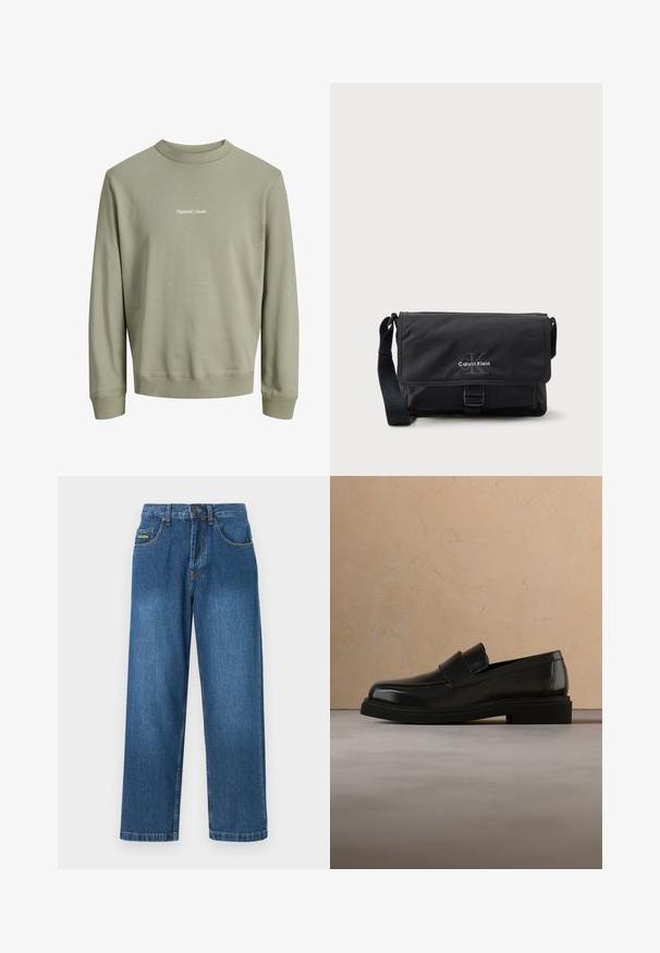 Lyse olivengrøn crewneck sweatshirt med lange ærmer og ribbet manchetter, kant og krave. Hvid tekst "Originals Studio" på brystet.; Denim jeans i en mellemblå vask med lige ben, fem lommer og gule stikninger.; Sort læderloafer svæver over et beige tekstureret tæppe, med et rundt træ-sofabord og bøger i baggrunden.; Sort messenger-taske lavet af holdbart stof med klaplukning, frontspænde og Calvin Klein-logo i sølv. Justerbar rem inkluderet.