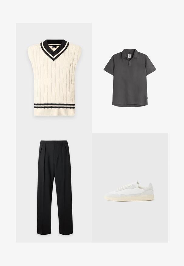 Roomkleurige kabelgebreide mouwloze sweater zonder mouwen met zwart-witte, gestreepte V-hals en zoomdetails.; Donkergrijs poloshirt met korte mouwen, kraag en gedeeltelijke knoopsluiting, milieuvriendelijk stoffen label zichtbaar aan de binnenkant van de kraag.; Zwarte formele broek met plooien, riemlussen en een knoopsluiting in de taille, afgebeeld tegen een effen lichte achtergrond.; Witte sneaker met een bovenwerk van gestructureerd suède en leer. Voorzien van een afgeronde neus, vetersluiting en een contrasterende beige rubberen zool.