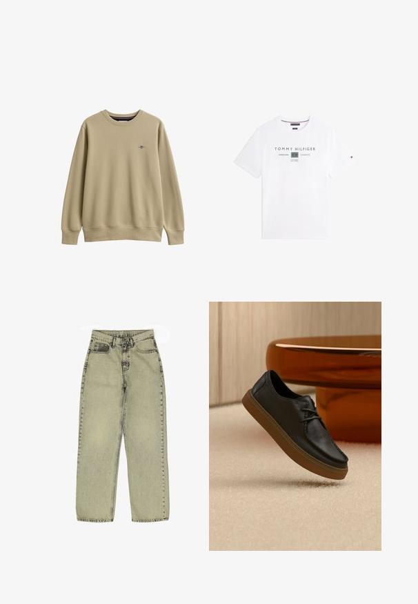 Beige väritetty pyöreäkauluksinen collegepaita pitkine hihoineen, jossa pieni kirjailtu logo vasemmassa rinnassa.; Valkoinen lyhythihainen t-paita, jossa on rinnan kohdalla "Tommy Hilfiger American Classics Est. 1985" -teksti ja vihreä tenniskenttäkuva.; Vaaleanvihreät korkeavyötäröiset suorat farkut, jotka on valmistettu denimmateriaalista. Farkuissa on klassinen viiden taskun muotoilu ja kontrastiväriset tikkaukset saumoissa.; Musta nahkainen rennompi kenkä ruskealla pohjalla kellumassa beige-värisen maton yläpuolella, taustalla kiiltävä pyöreä ruskea pöytä.