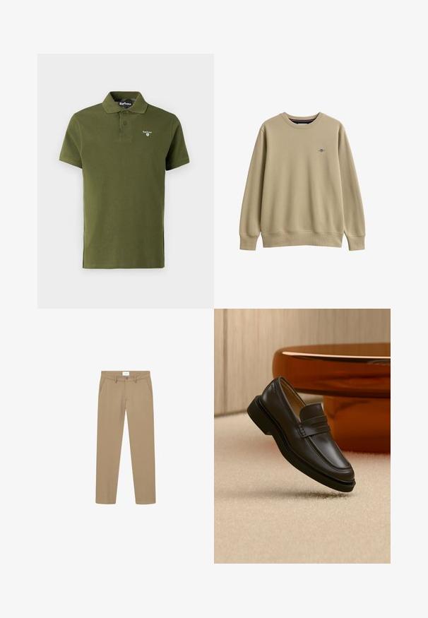 Sweat-shirt beige col rond avec manches longues et petit logo brodé sur le côté gauche de la poitrine.; Polo olive en coton, avec un col classique, deux boutons, des manches courtes et un petit logo brodé sur la poitrine.; Pantalon beige avec une texture lisse, coupe droite, poches avant et fermeture à bouton. Étiquette visible à la taille.; Mocassin en cuir noir flottant au-dessus d'un tapis beige avec des meubles arrondis marron en arrière-plan.