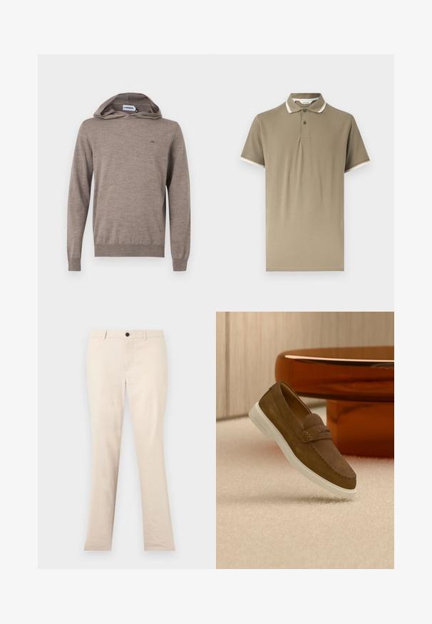 Sweat à capuche à manches longues de couleur marron clair avec un petit logo brodé sur le côté gauche de la poitrine et des poignets et ourlet côtelés.; Polo beige à manches courtes avec deux boutons, col rayé blanc et bordures des manches, présenté sur un fond neutre.; Pantalon beige à jambes droites avec passants de ceinture, bouton avant et fermeture éclair, présenté sur un fond clair uni.; Mocassin en daim marron avec semelle blanche flottant au-dessus d'un tapis beige à côté d'un pied de table arrondi de couleur ambre.