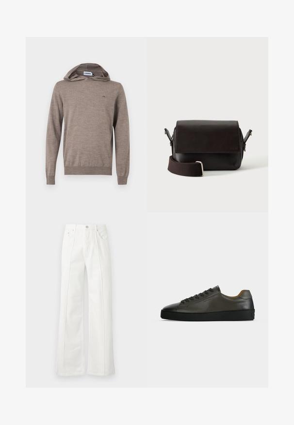 Sweat à capuche à manches longues de couleur marron clair avec un petit logo brodé sur le côté gauche de la poitrine et des poignets et ourlet côtelés.; Pantalon blanc taille haute à jambes larges avec coutures devant, passants de ceinture, fermeture par bouton et poches latérales sur fond uni.; Basket basse en cuir gris foncé avec lacets et semelle noirs, design minimaliste, profil latéral sur un fond clair uni.; Sac bandoulière en cuir marron foncé avec fermeture à rabat et sangle en tissu réglable sur fond blanc.