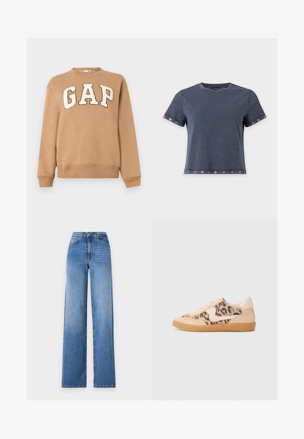 Lichtbruine rondehals sweater met grote witte "GAP" letters omrand door donkerbruin op de borst, lange mouwen en geribbelde manchetten en zoom.; Donkergrijze T-shirt met korte mouwen en metalen oogjes op mouwen en zoom, ronde hals en een relaxte pasvorm.; Lichtblauwe wijd uitlopende spijkerbroek van denim, met een hoge taille, voorkruiszakken en een standaard knoopsluiting. Gladde textuur.; Luipaardprint sneakers met een beige suède bovenkant, tan rubberen zool en witte accenten. Ronde neus en vetersluiting met een gestructureerde afwerking.